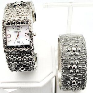Kessaris Ladies Open Cuff Watch & Hinged Oval Bracelet Set MOP Face Silver Tone
